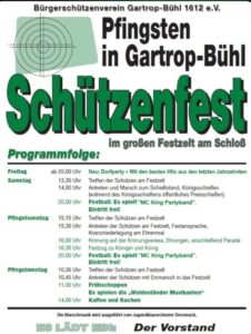 Plakat mit dem zeitlichen Ablauf des Schützenfest Gartrop-Bühl 2026