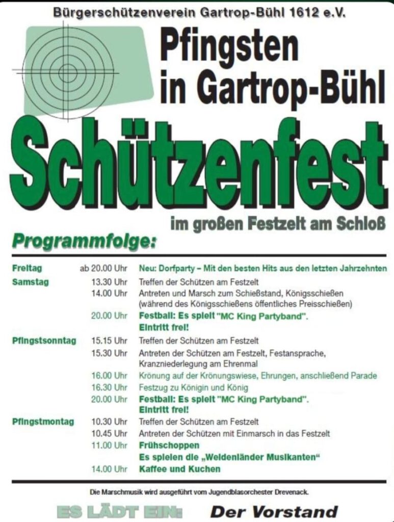 Plakat mit dem zeitlichen Ablauf des Schützenfest Gartrop-Bühl 2026